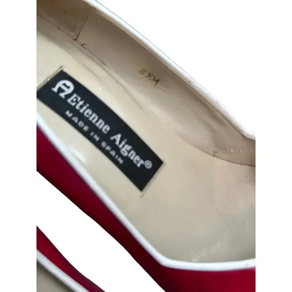 Vintage Etienne Aigner Red Leather Peep Toe Thick Block Heel Size 8.5M - Picture 4 of 7